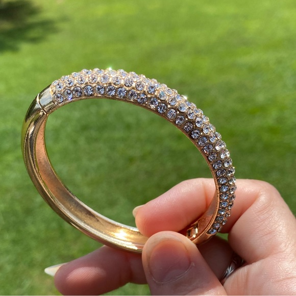 Crystal adorned gold tone hinge bangle bracelet - Picture 9 of 16